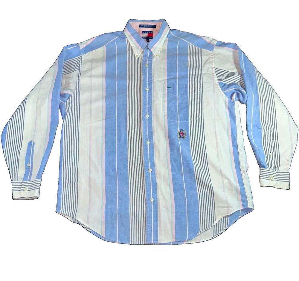 Vintage 90s Tommy Hilfiger Crest Shirt Multi Stripe Pastel Men's Medium M